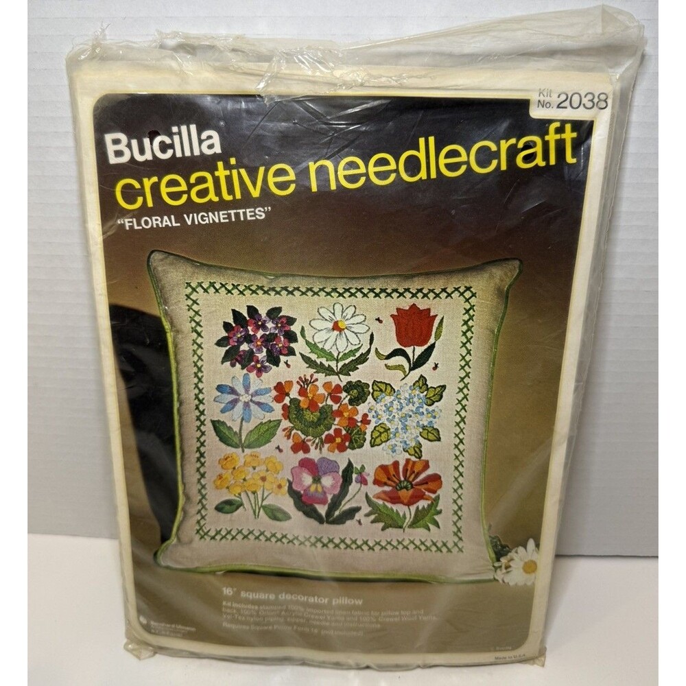 Bucilla Needlecraft Decorative Pillow Kit "Floral Vignettes" 2038 16” Vintage
